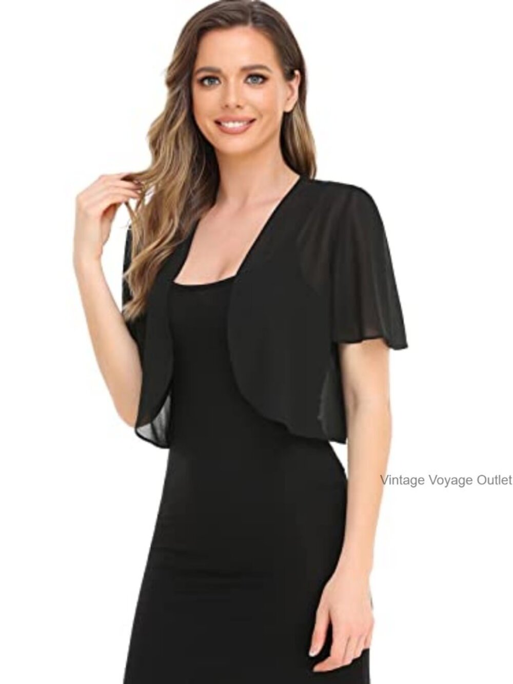 Women Sheer Chiffon Bolero Shrug Short Sleeve Cropped Cardigan - Picture 2 of 6